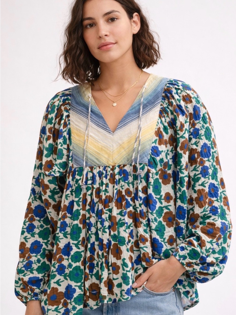 Barneys New York Floral Peasant Tunic in Blue, Brown & Green